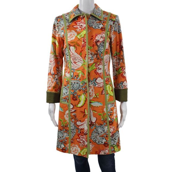 Etcetera Jackets & Blazers - Etcetera Womens Orange Floral Cotton Overcoat Button Long Sleeve Size 2